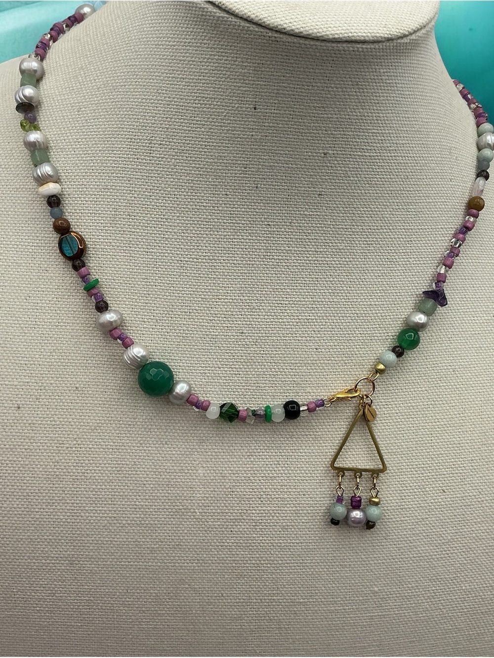 HAOBALABU Multicolor Beaded Necklace Triangle Charm Pendant Ball/Bead Chain